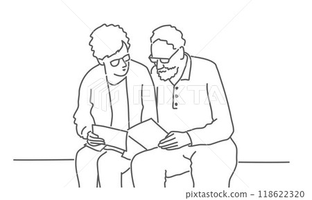 Two elderly people are sitting on a bench reading a book Two elderly people are sitting on a bench reading a book 118622320
