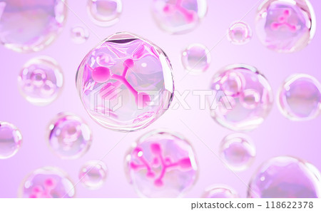 Abstract 3d pink background with collagen cell serum bubbles. Water molecules, hyaluronic acid or moisture essence drops, liquid transparent beauty cosmetic skin care product render. 3D illustration Abstract 3d pink background with collagen cell serum bubbles. Water molecules, hyaluronic acid or moisture essence drops, liquid transparent beauty cosmetic skin care product render. 3D illustration 118622378