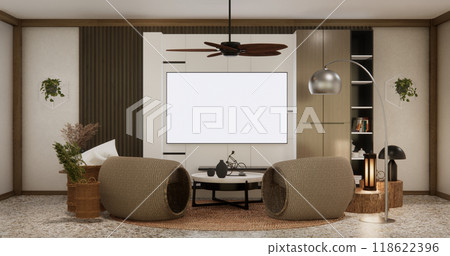 Armchair sofa and decoration japanese on white Modern living room modern style.3D rendering Armchair sofa and decoration japanese on white Modern living room modern style.3D rendering 118622396