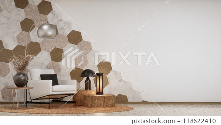 sofa and decoration plants on hexagon tiles wall Modern room minimalist.3D rendering 118622410