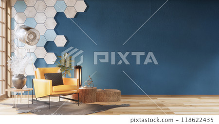 mockup Blue concept living room modern style with hexagon tiles wall background.3D rendering mockup Blue concept living room modern style with hexagon tiles wall background.3D rendering 118622435