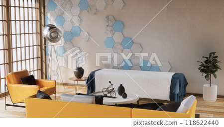 mockup Blue concept living room modern style with hexagon tiles wall background.3D rendering mockup Blue concept living room modern style with hexagon tiles wall background.3D rendering 118622440