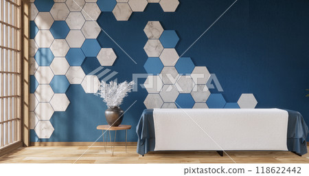 mockup Blue concept living room modern style with hexagon tiles wall background.3D rendering 118622442