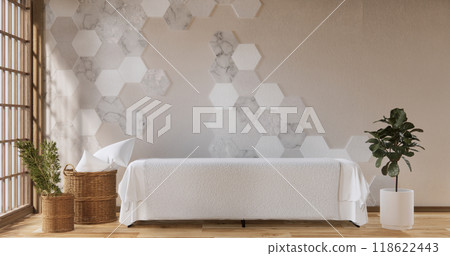 Mockup Cabinet on living room modern style with hexagon tiles wall background.3D rendering 118622443