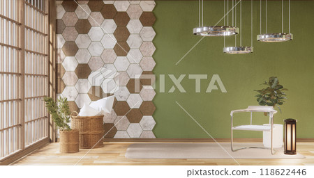 Mockup green hexagon tiles wall on Modern room minimalist.3D rendering 118622446