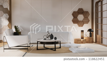 sofa and decoration plants on hexagon tiles wall Modern room minimalist.3D rendering 118622451