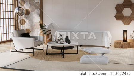 sofa and decoration plants on hexagon tiles wall Modern room minimalist.3D rendering sofa and decoration plants on hexagon tiles wall Modern room minimalist.3D rendering 118622452
