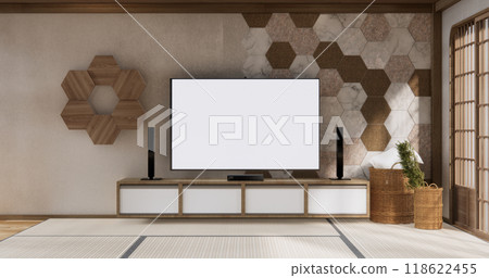 Mockup Cabinet on living room modern style with hexagon tiles wall background.3D rendering 118622455