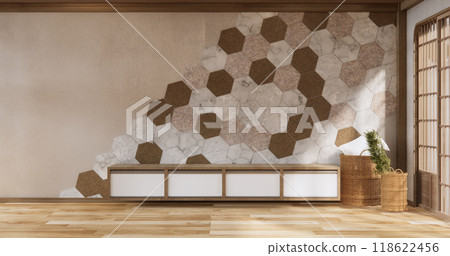 Mockup Cabinet on living room modern style with hexagon tiles wall background.3D rendering 118622456