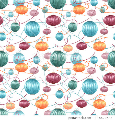 Happy Diwali festival of lights seamless pattern. Intertwining ribbons and floating multicolored Asian lantern watercolor illustration. Ornate for festive designs and celebrations Happy Diwali festival of lights seamless pattern. Intertwining ribbons and floating multicolored Asian lantern watercolor illustration. Ornate for festive designs and celebrations 118622682