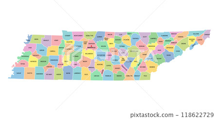 Tennessee, U.S. state, subdivided into 95 counties, multi colored political map with capital Nashville, borders and county names. State in the Southeastern region of United States. Volunteer State. 118622729