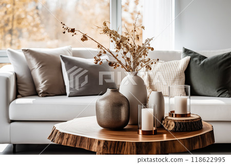 Cozy living room with natural decor, sofa, table. Focus on details Cozy living room with natural decor, sofa, table. Focus on details 118622995