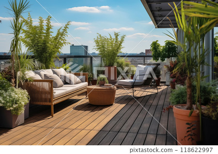 Cozy outdoor roof terrace with armchairs and potted plants 118622997
