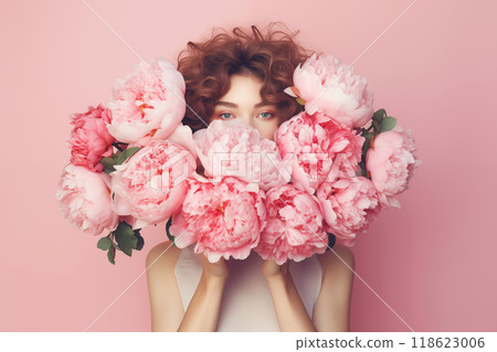 Faceless woman holds peonies flowers. Mental health, women's day or mother's day 118623006