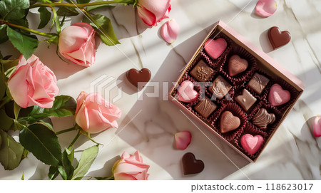 Luxury valentine heart shaped chocolates in gift box and tender roses Luxury valentine heart shaped chocolates in gift box and tender roses 118623017