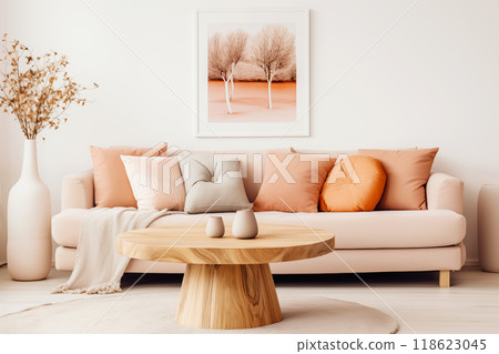 Minimal living room with wooden coffee table near sofa close-up. Interior in trendy peach colors 118623045