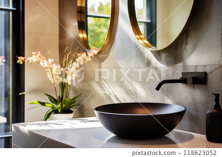 Close-up of Stone vessel sink with mirror in a modern bathroom, art deco style, natural luxury decoration 118623052
