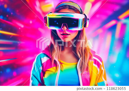 Young woman wearing virtual reality glasses on futuristic neon background. Augmented reality Young woman wearing virtual reality glasses on futuristic neon background. Augmented reality 118623055