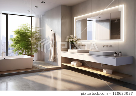 Stylish modern minimal bathroom with washbasins and bathtub Stylish modern minimal bathroom with washbasins and bathtub 118623057