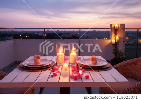 Roof terrace with festive table setting for romantic dinner by candlelight with city view. Decorations for Valentine's Day, Engagement, Date 118623071