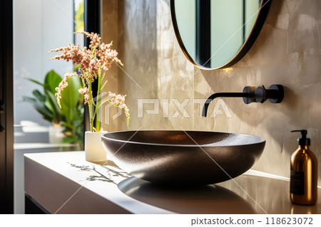 Close-up of Stone vessel sink with mirror in a modern bathroom, art deco style, natural luxury decoration Close-up of Stone vessel sink with mirror in a modern bathroom, art deco style, natural luxury decoration 118623072