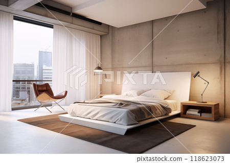 Modern Bedroom with large window in loft style Modern Bedroom with large window in loft style 118623073