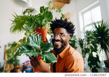 African American man taking care about houseplant and holding pot of houseplant. Home gardening, Plant care African American man taking care about houseplant and holding pot of houseplant. Home gardening, Plant care 118623087