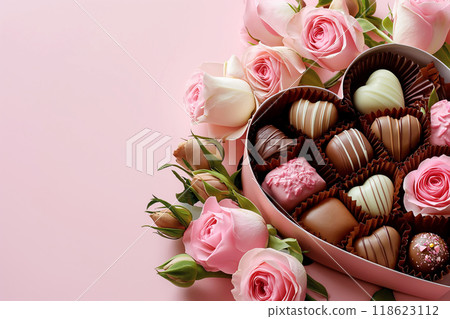 Luxury valentine chocolates in heart shaped gift box and tender roses, copy space 118623112