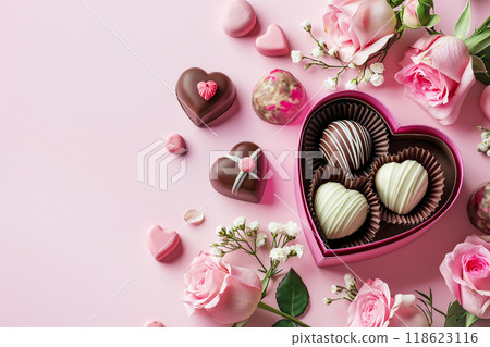Luxury valentine chocolates in heart shaped gift box and tender roses, copy space Luxury valentine chocolates in heart shaped gift box and tender roses, copy space 118623116