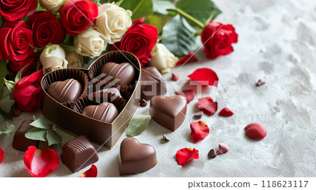 Luxury valentine chocolates in heart shaped gift box and red roses, copy space Luxury valentine chocolates in heart shaped gift box and red roses, copy space 118623117