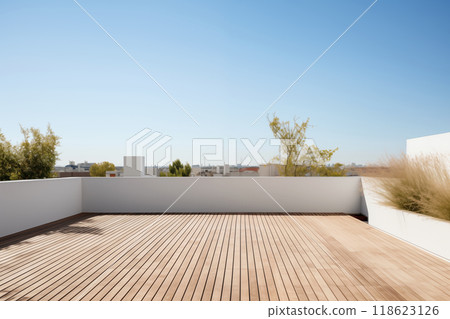 Empty outdoor roof terrace with potted plants in minimal style 118623126