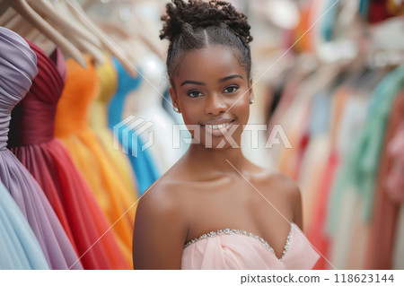 Black young girl chooses prom dress in boutique Black young girl chooses prom dress in boutique 118623144