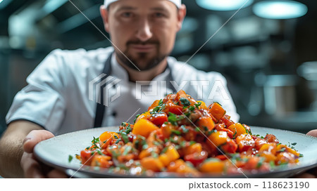 Chef serving vegan dish of steamed vegetables close-up 118623190
