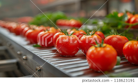 Automated Robotic line for sorting and packaging fresh tomatoes. Industrial food production plant indoors 118623191