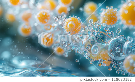 Spherical cells with a textured surface, suspended in a fluid with bubbles 118623192