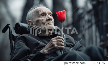 An elderly man with Parkinson's disease and red tulip in his hands in wheelchair 118623197