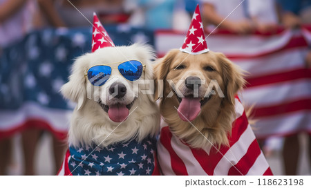 Cute doggies wear festive clothes in american flag colors. Independence Day or flag day 118623198
