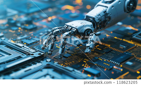 Advanced robotic arm engaged in precision assembly of electronics on a circuit board. Automation in Microchip Manufacturing 118623205