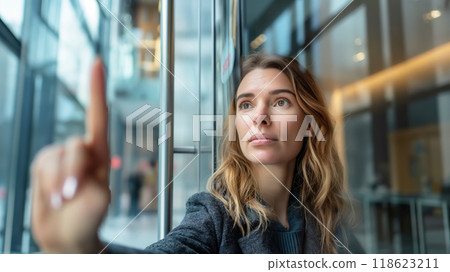 Attractive woman uses finger scanner to unlock glass door 118623211