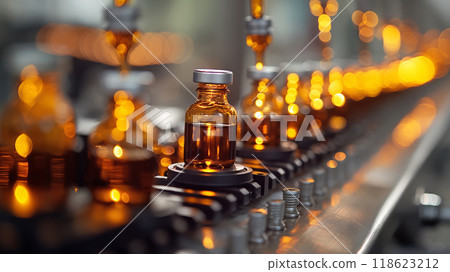 Automated Robotic ampoule bottles with medicine or vaccine Line. Pharmaceutical production plant indoors 118623212