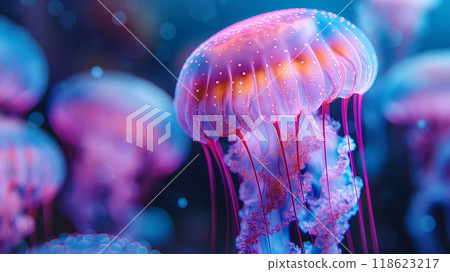 Fantastic Colorful Jellyfish underwater close-up 118623217