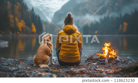 Back view of young woman and dog sitting by campfire on lake shore Back view of young woman and dog sitting by campfire on lake shore 118623230