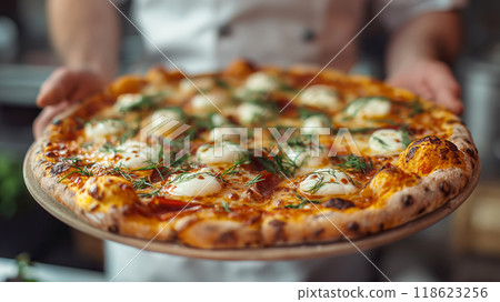 Chef pizzaiolo prepared fresh delicious pizza close-up Chef pizzaiolo prepared fresh delicious pizza close-up 118623256