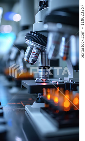 Genetic engineering concept. Microscope in abstract laboratory 118623257