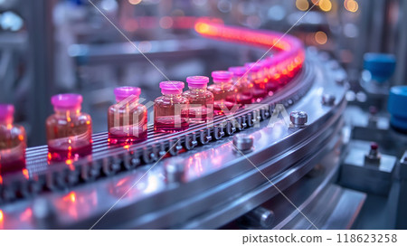 Automated Robotic ampoule bottles with medicine or vaccine Line. Pharmaceutical production plant indoors Automated Robotic ampoule bottles with medicine or vaccine Line. Pharmaceutical production plant indoors 118623258