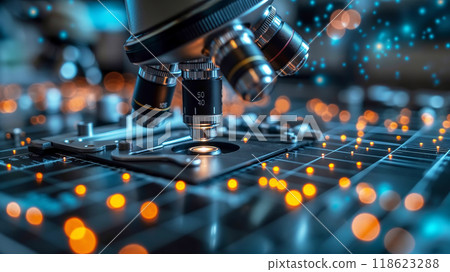 Genetic engineering concept. Microscope in abstract laboratory Genetic engineering concept. Microscope in abstract laboratory 118623288