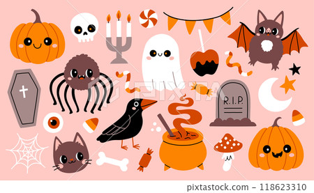 Cute Halloween element set on pink background. Ghost, skeleton, bat, pumpkin. For scrapbooking, card, sticker, poster 118623310