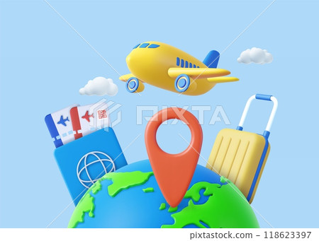 3d Airline Ticket, Travel Bag, Globe and Airplane. 118623397