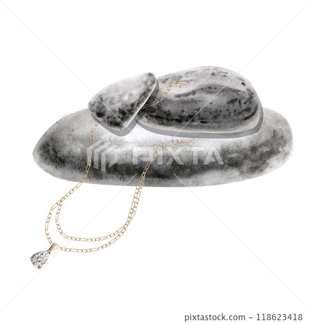 Composition of a gold chain with a diamond pendant on a pyramid of sea stones. Isolated watercolor illustration for the design of glossy magazines, websites, training courses Composition of a gold chain with a diamond pendant on a pyramid of sea stones. Isolated watercolor illustration for the design of glossy magazines, websites, training courses 118623418