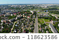 Drone capturing modern city residential area with apartment buildings Grodno city and private houses on a sunny summer day. 118623586